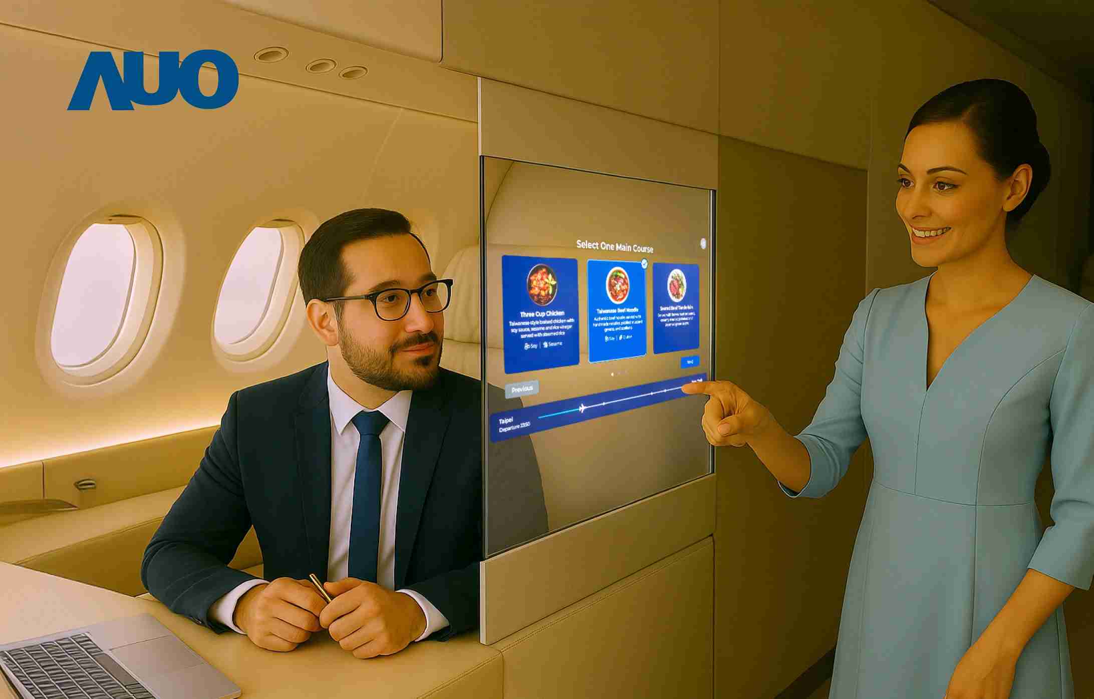 财神娱乐研发全球最薄17.3 吋双面透明 Micro LED 显示器，，，，可在同一屏幕之双边投射不同信息，，创造独特的”透明化”互动；图为实时翻译交流应用情境